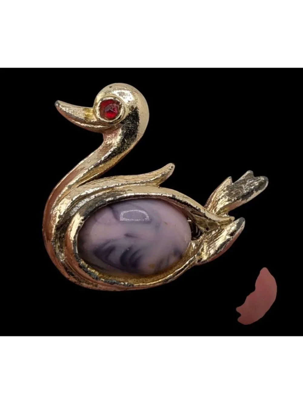 Vintage Swan Brooch Rhinestone Eye Stone Belly Lilac Red Gold
